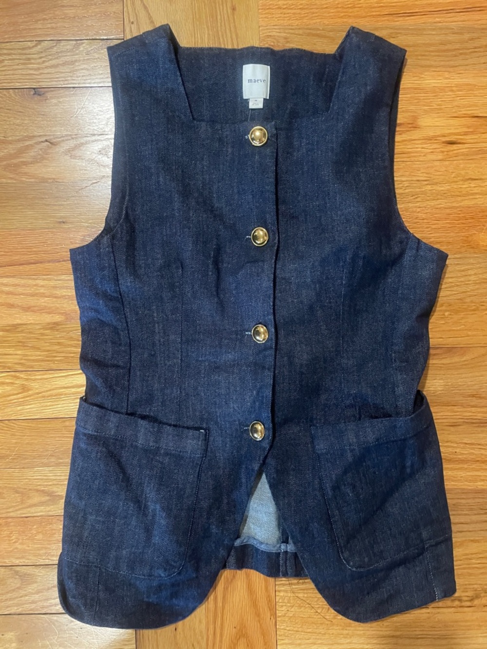 Maeve Dark Denim Button-Front Vest with Gold Buttons